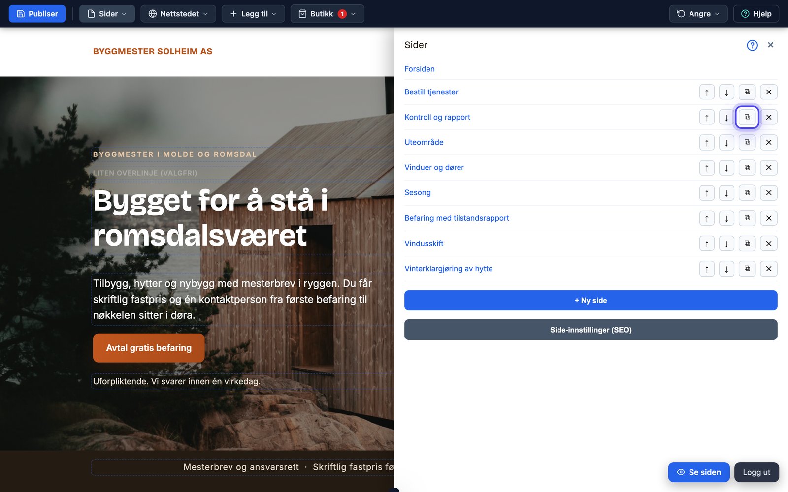 Alle sider-panelet med rekkefølge, dupliser og slett per side