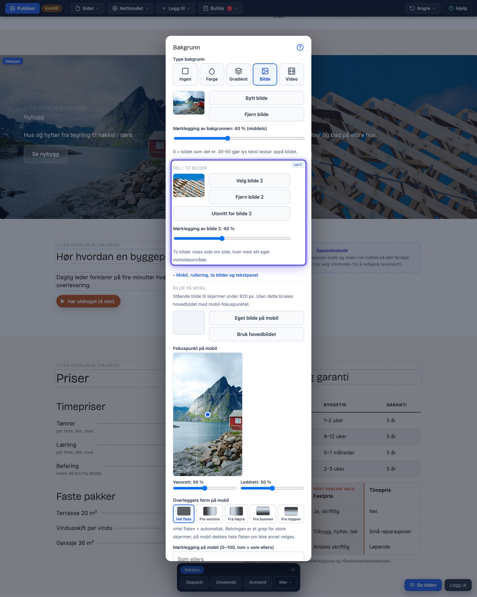 Gruppen Del i to bilder i seksjonens Utseende-dialog, med Velg bilde 2, Utsnitt for bilde 2 og mørklegging