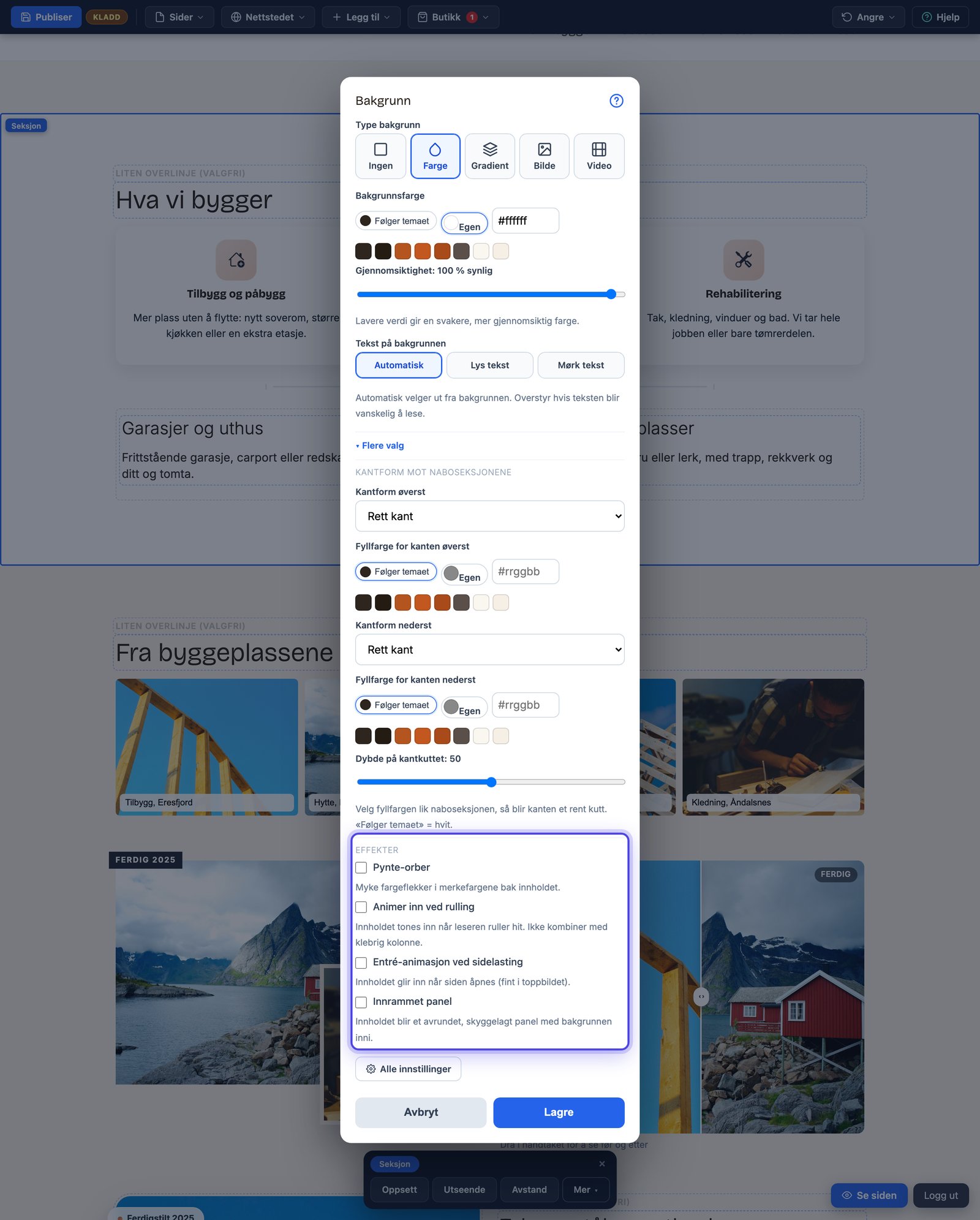 Gruppen Effekter under Flere valg i seksjonens Utseende-dialog med avkrysningene Pynte-orber, Animer inn ved rulling, Animasjon når siden åpnes og Innrammet panel