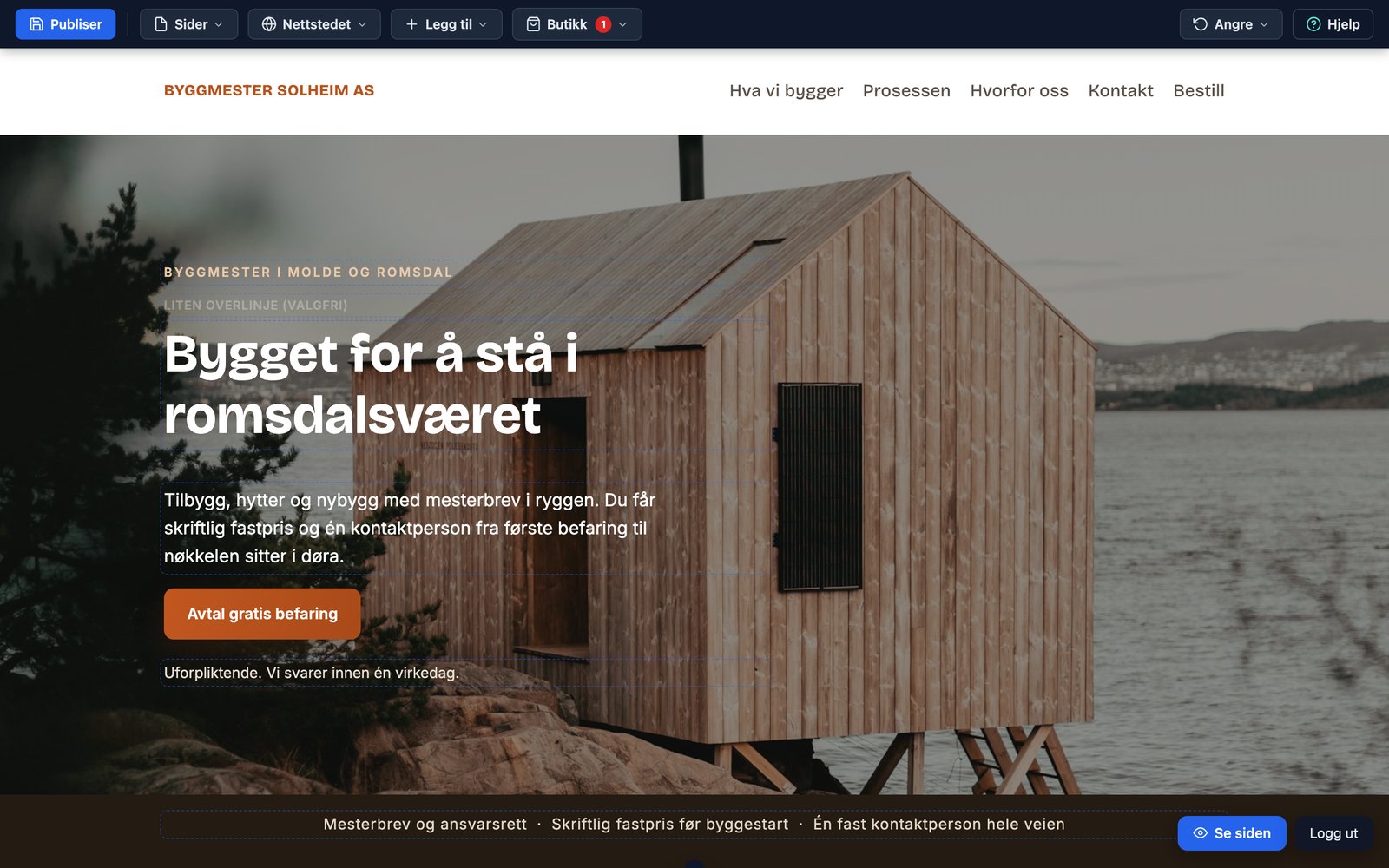 Editoren åpen på en kundes nettside, klar til redigering