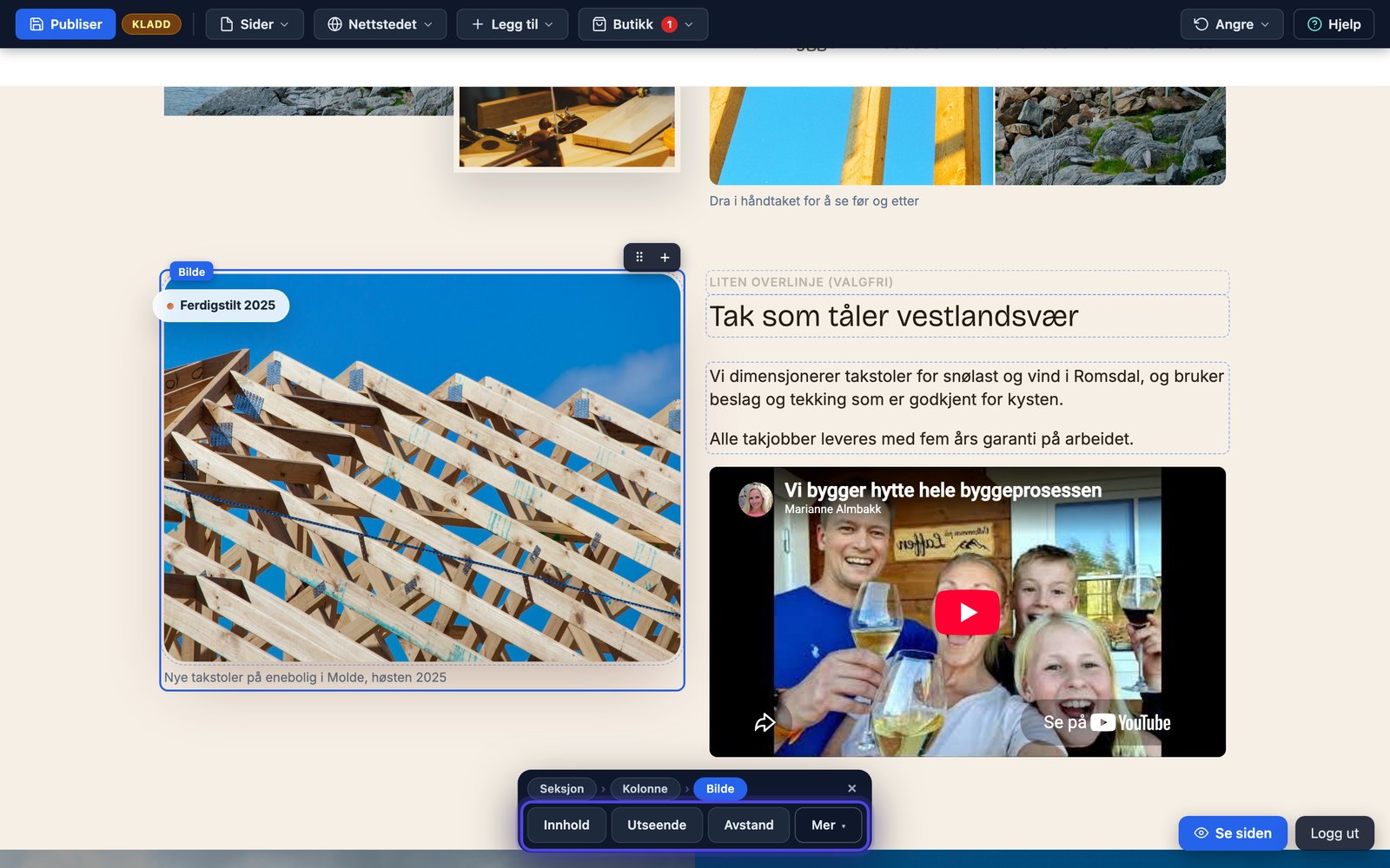Innhold, Utseende, Avstand og Mer: kontekstlinja i editoren