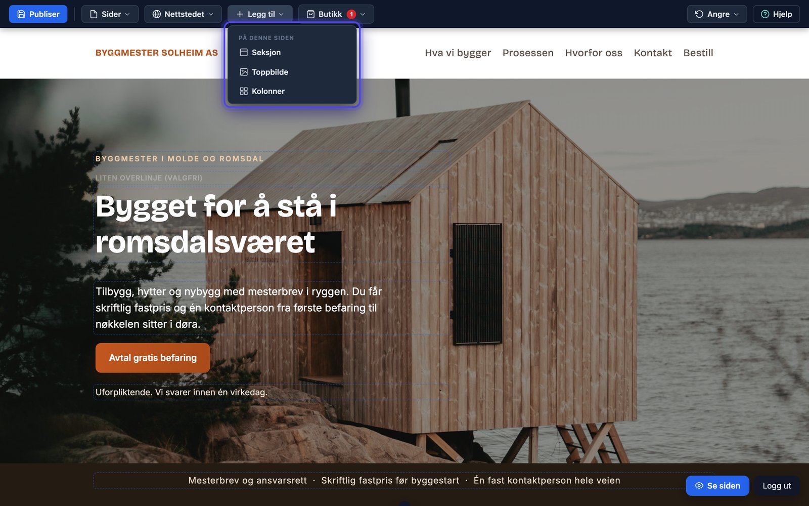 Legg til-menyen i topplinja med valgene Seksjon, Toppbilde og Kolonner