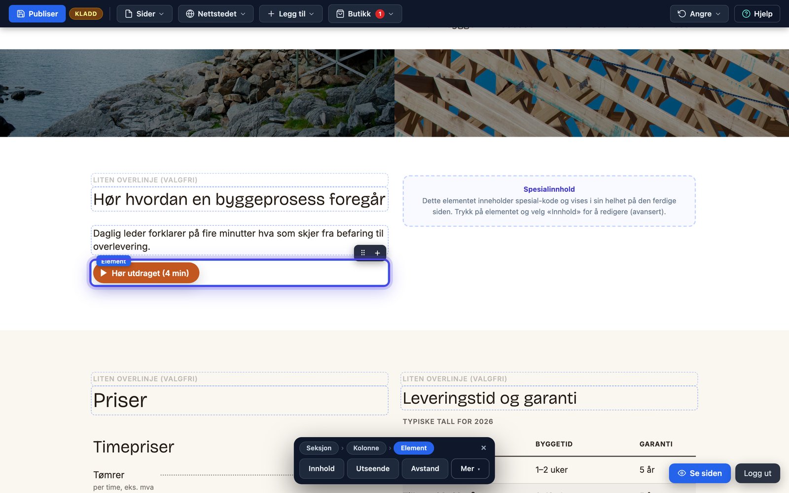Lydklipp som en spilleknapp på nettsiden, med elementet markert