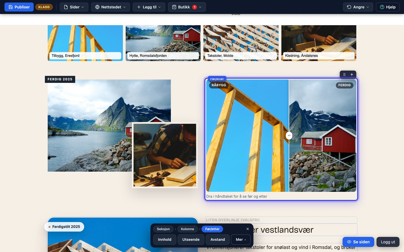 Før og etter-modulen på nettsiden med glidebryter mellom to bilder