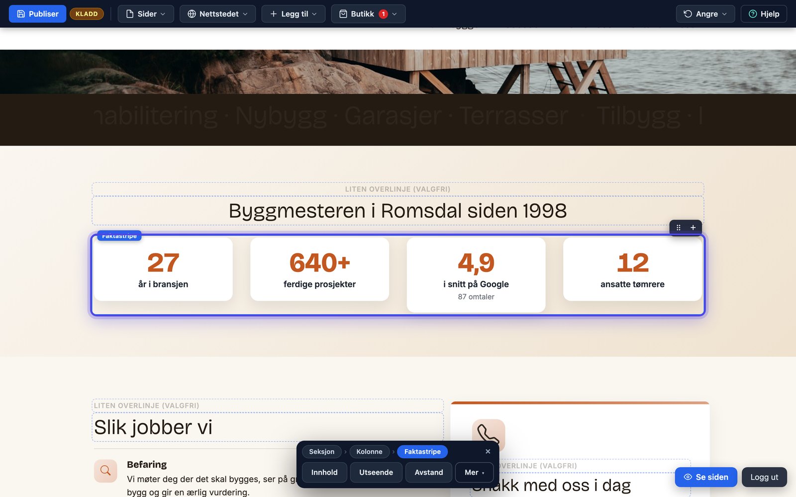 Faktastripe på nettsiden med tre store nøkkeltall og etiketter