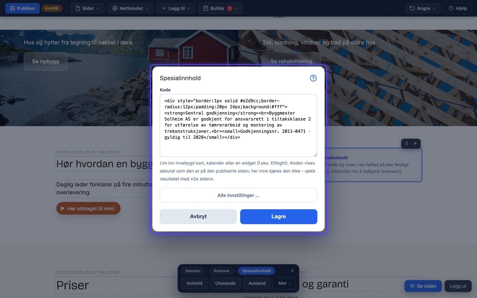 Innebygd kode på nettsiden: widgets