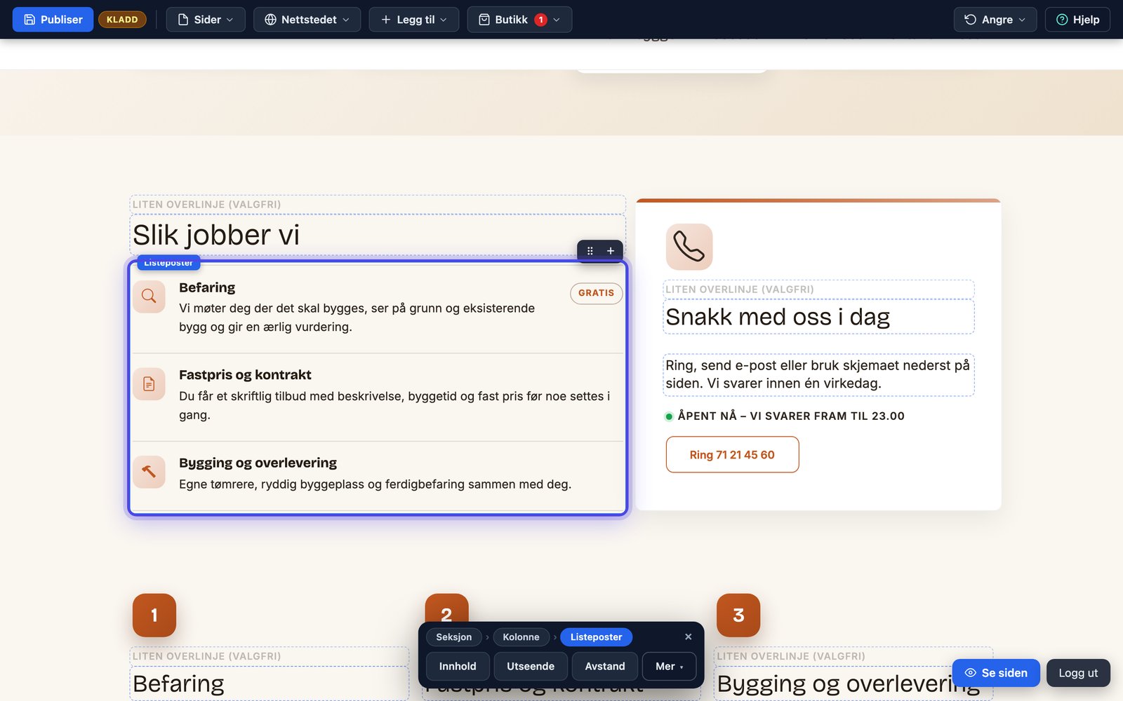 Listeposter på nettsiden med tittel, tekst og skillelinjer mellom radene