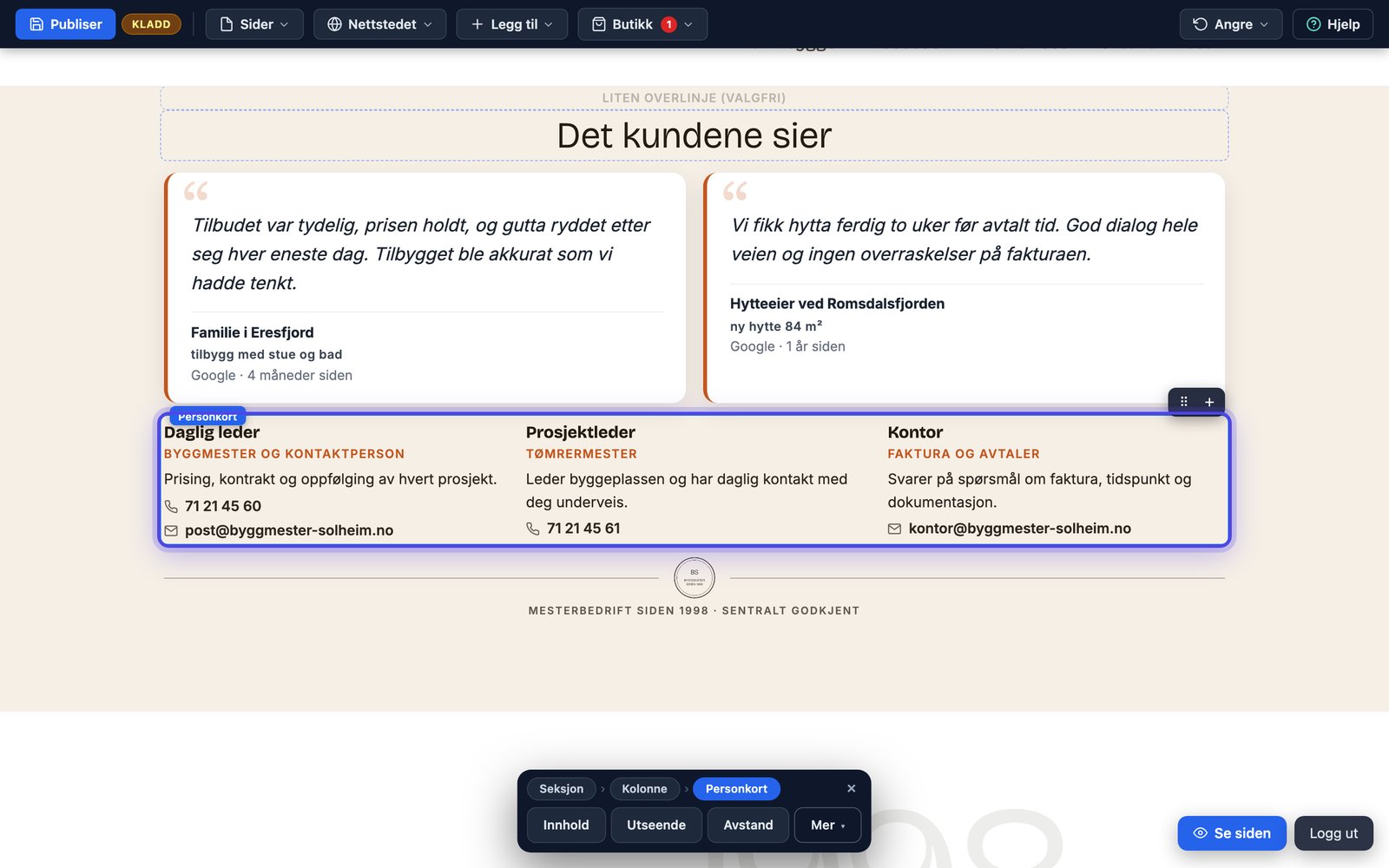 Personkort på nettsiden med tre ansatte, runde portretter og kontaktinfo