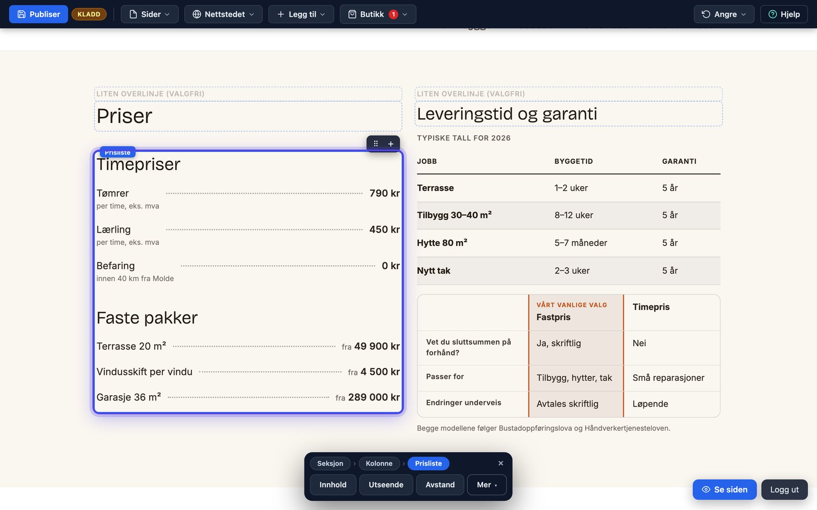 Prisliste på nettsiden med grupper og prikker