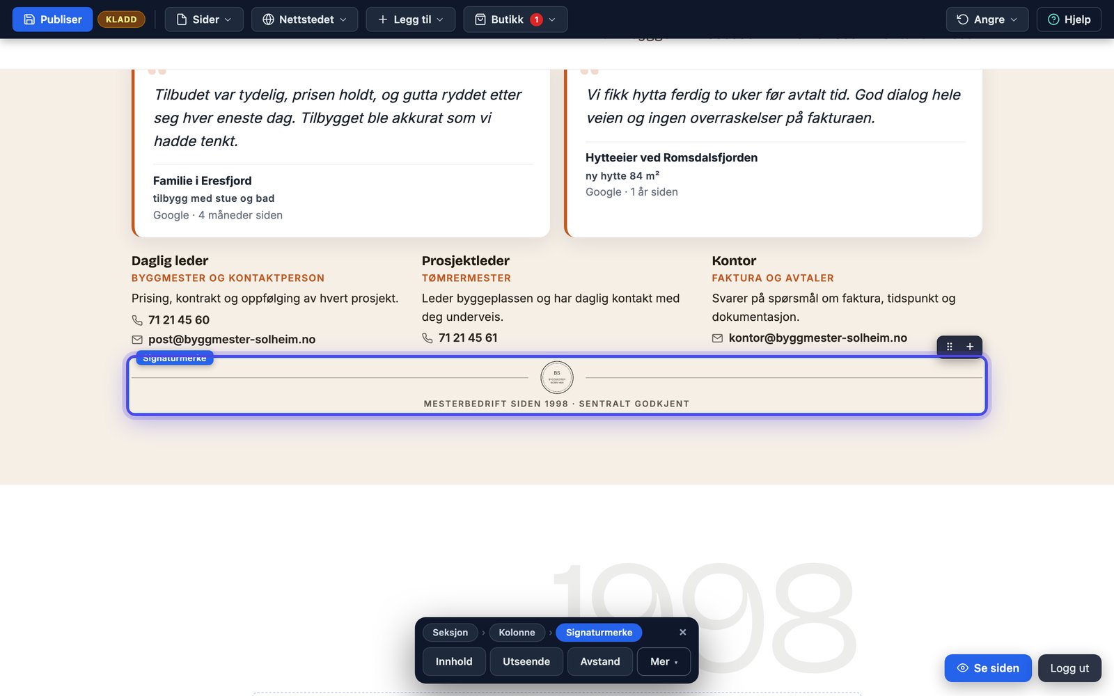 Signaturmerke: lite segl med tekstlinje på nettsiden