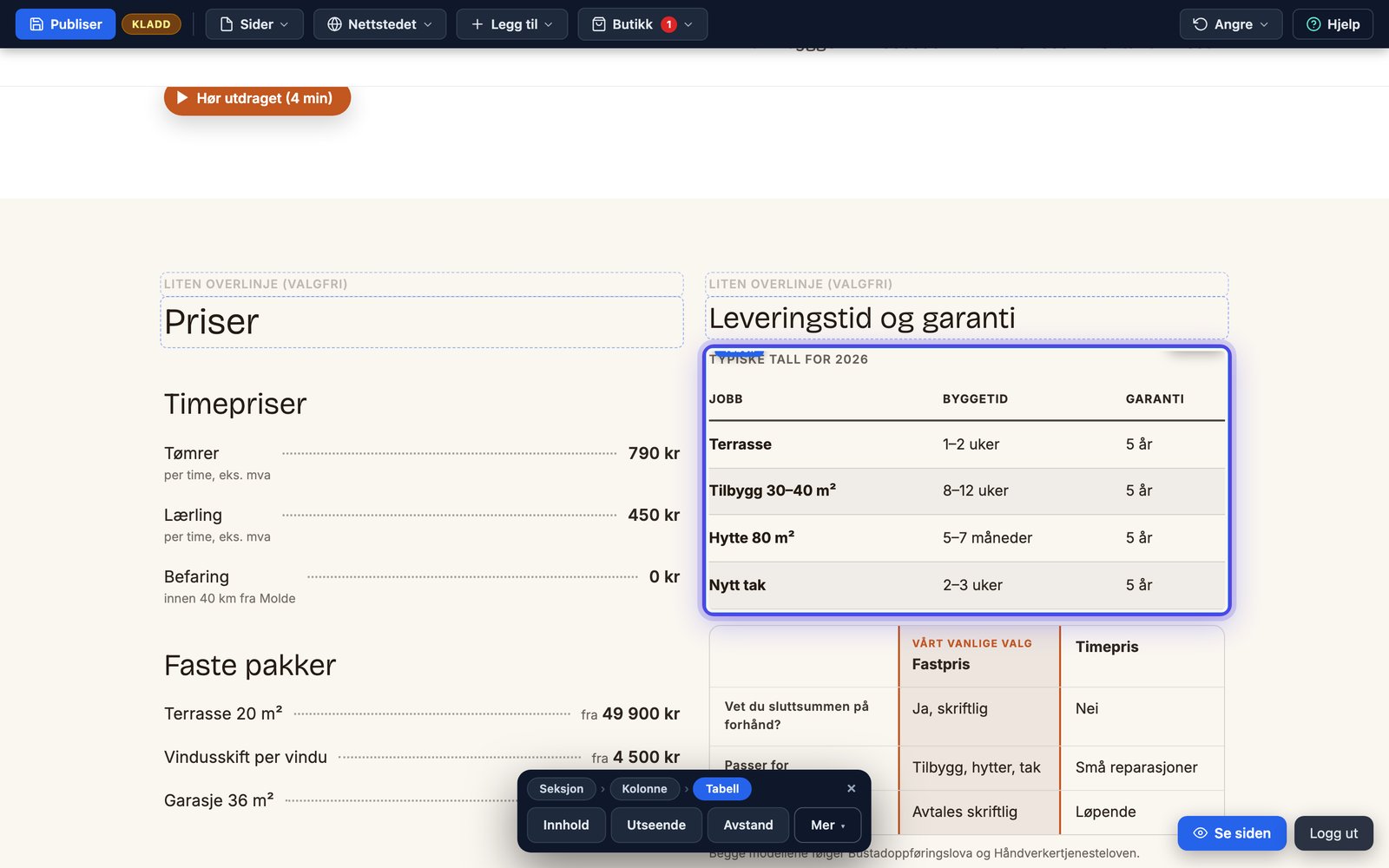 Tabell på nettsiden med overskriftsrad, stripete rader og fet første kolonne