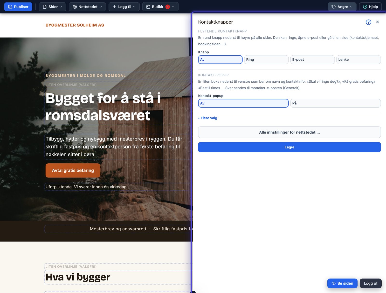 Kontakt-knappen og popupen på nettsiden