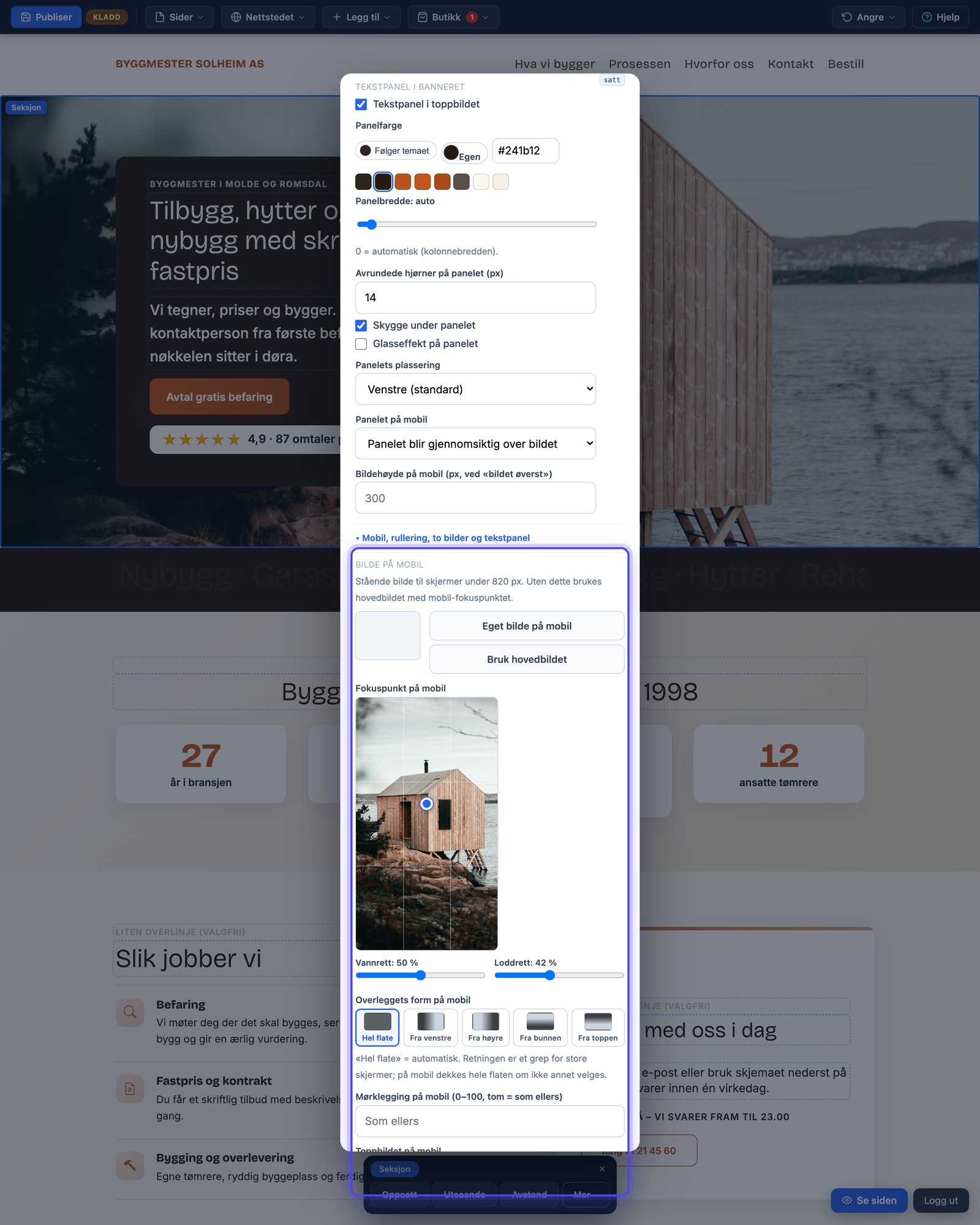 Gruppen Bilde på mobil i seksjonens Utseende-dialog med eget bilde, fokuspunkt i stående format og valget Toppbildet på mobil