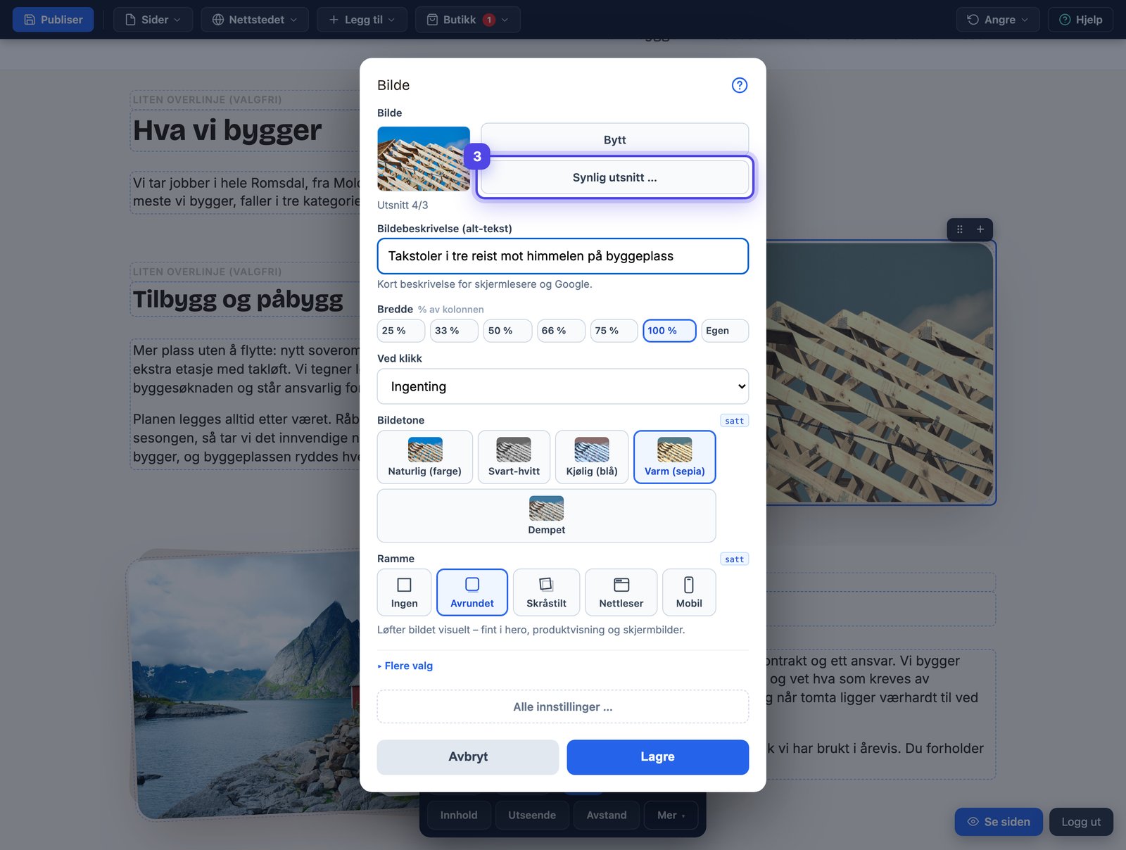 Bilde-innstillinger med vanlige ord: Bytt bilde, synlig utsnitt, bildebeskrivelse