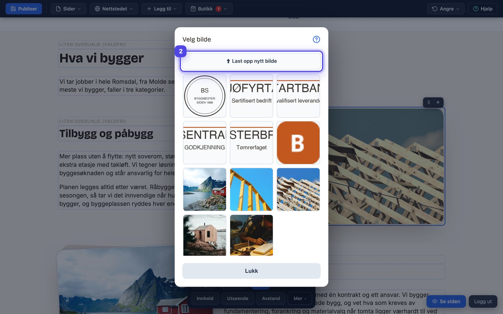 Bildevelgeren i editoren, åpnet oppå en nettside, med knappen Last opp nytt bilde og bildebiblioteket