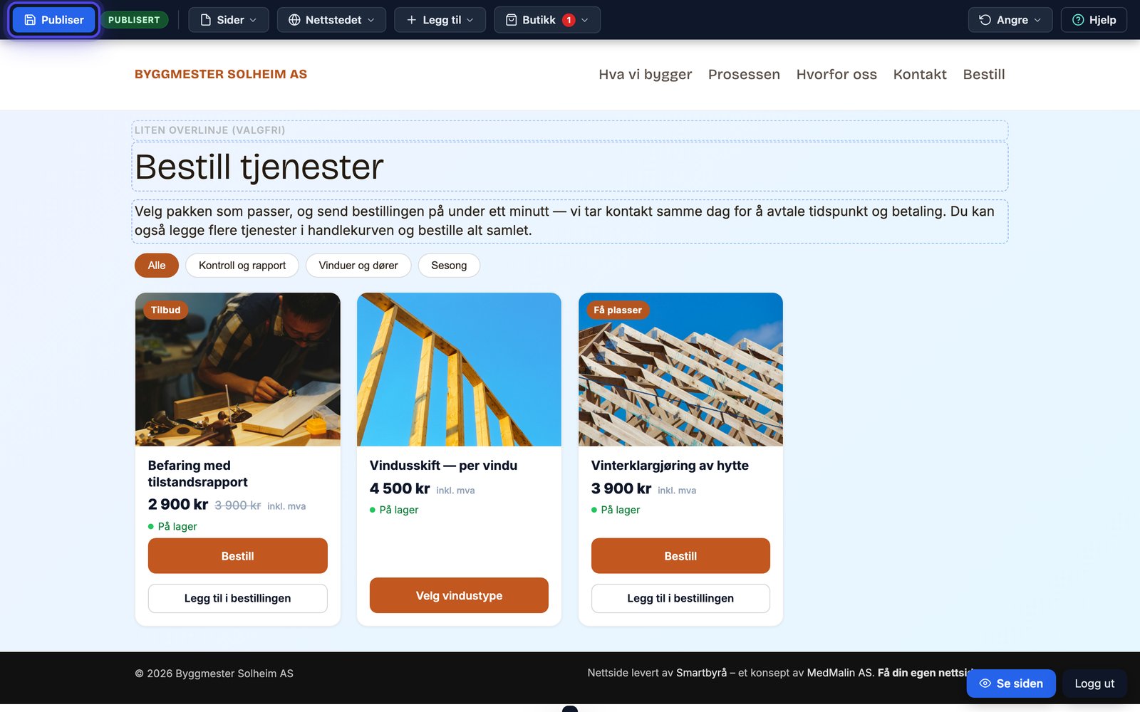 Topplinja med Publiser-knappen markert til venstre